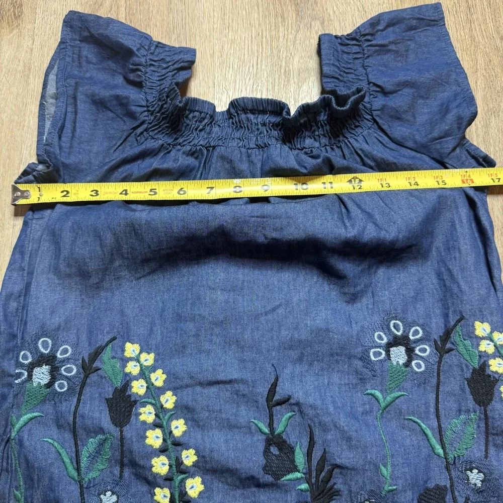 Allison‎ New York Off The Shoulder Denim Embroidered Floral Mini Dress XS